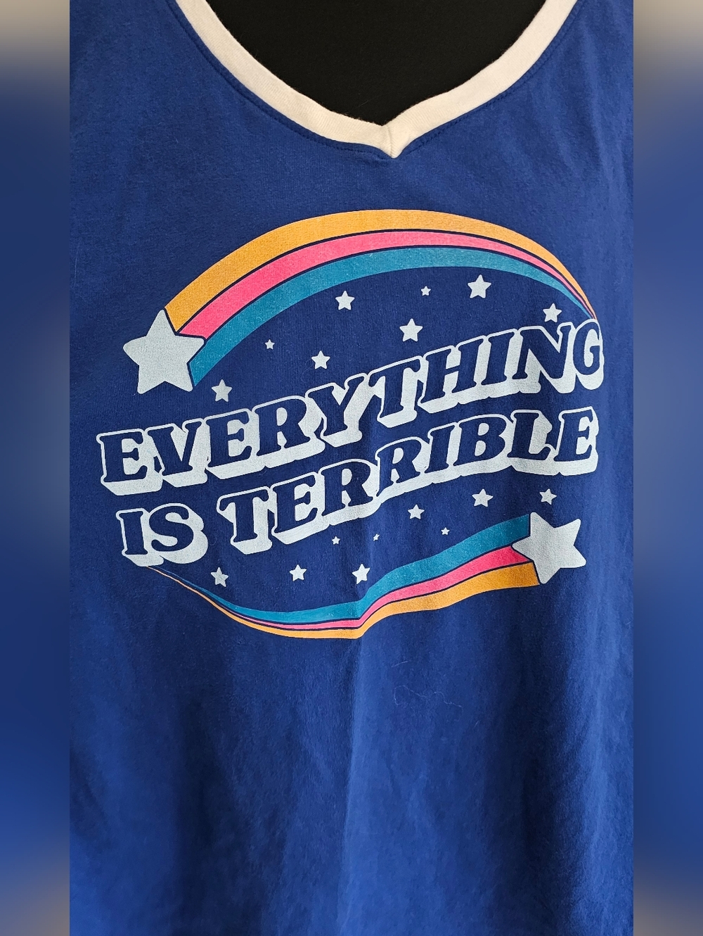 Boredwalk Blue Graphic Tank With Rainbow Stars "Everything Is Terrible" Humor 4x
